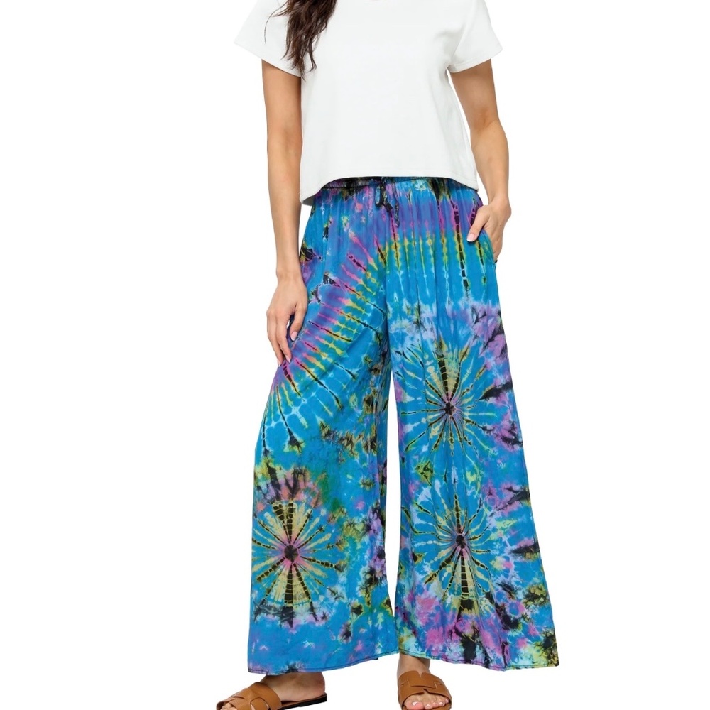 Y106 NWT Yak N Yeti Wide Leg Tie-Dye Palazzo Pants Sz Sm/Md Lg/Xl Elastic Waist
